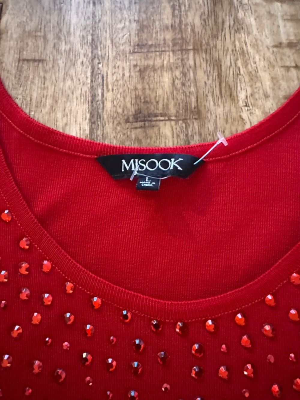 Misook Bright Red Sleeveless Knit Tank with Rhinestone gems EUC vintage large - Picture 2 of 7